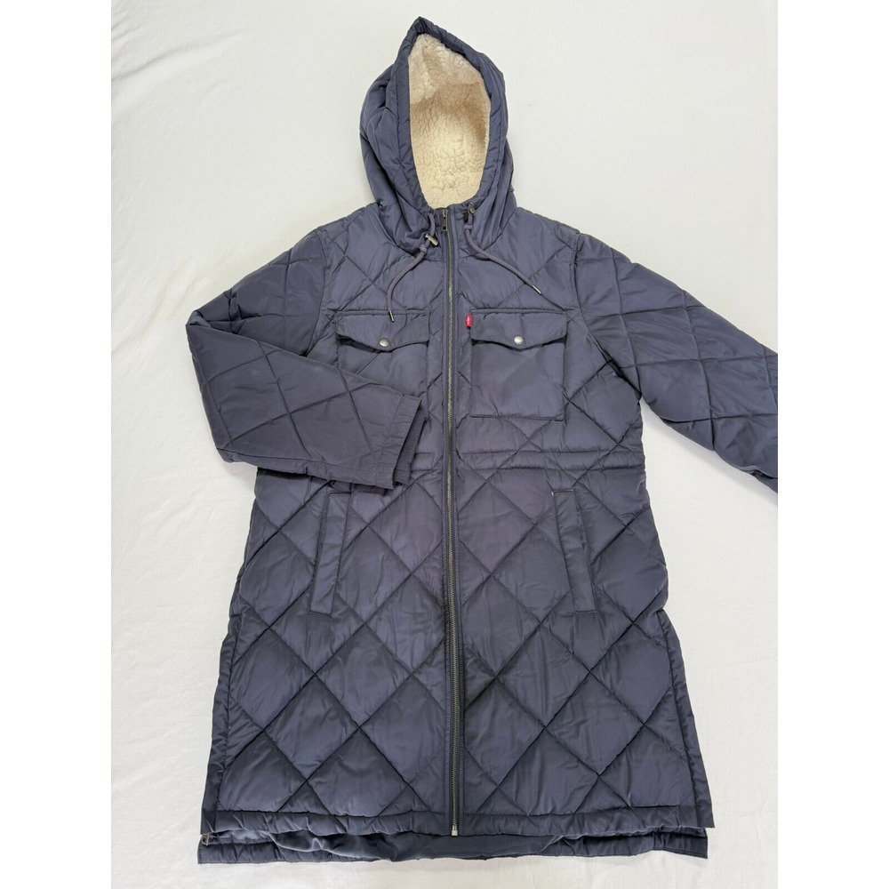 Levis Quilted Puffer Jacket Womens Large Purple Hooded Flap Pockets Sherpa Long